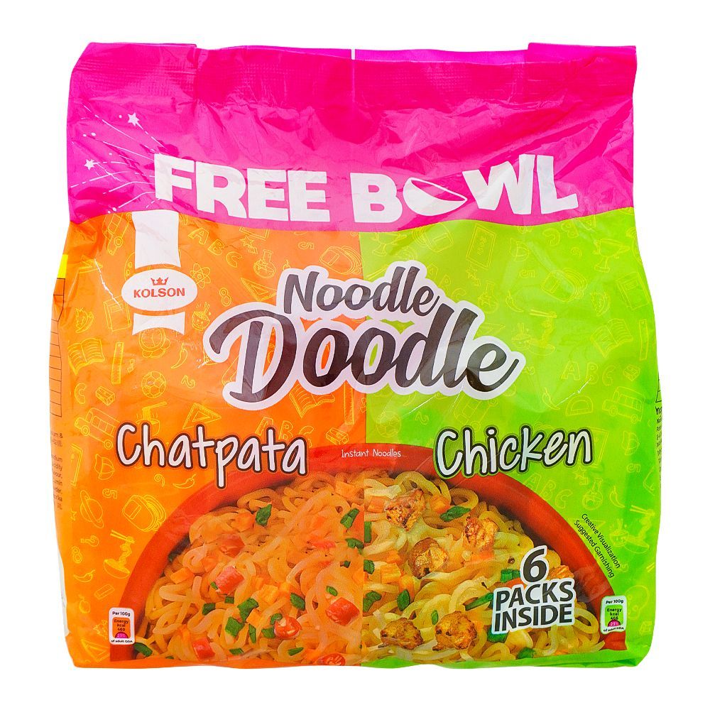 Kolson Noodles Doodle Chatpata + Chicken Flavor, With Free Bowl, 6-Pack